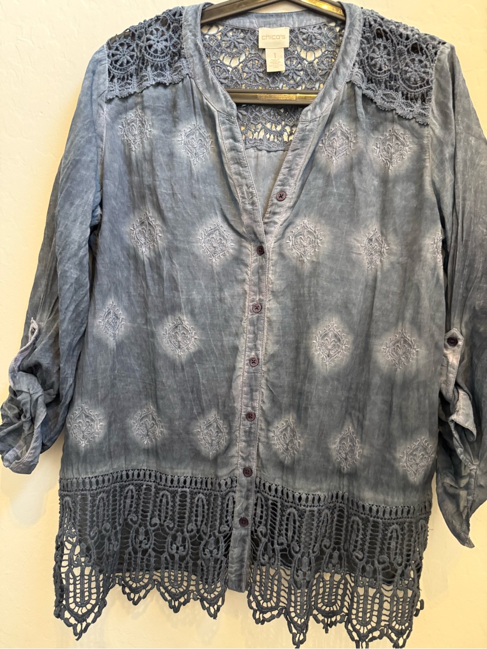 Chico's Slate Blue Crochet-Trim Button Front Women's Shirt
